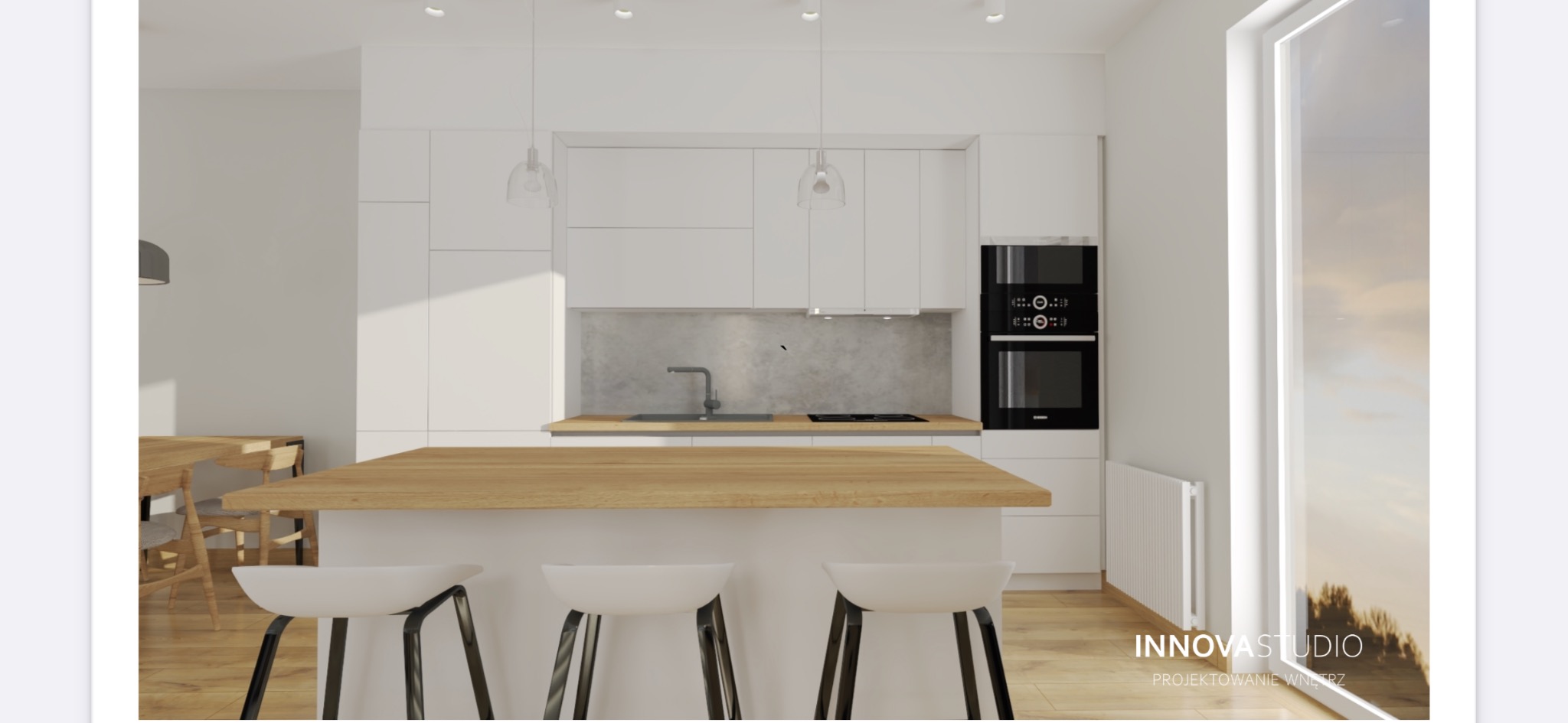 Wizualizacja jasnej kuchni z wyspą, białymi szafkami i drewnianym blatem, trzy białe hokery z czarnymi nogami przy wyspie, okno z widokiem na drzewa.