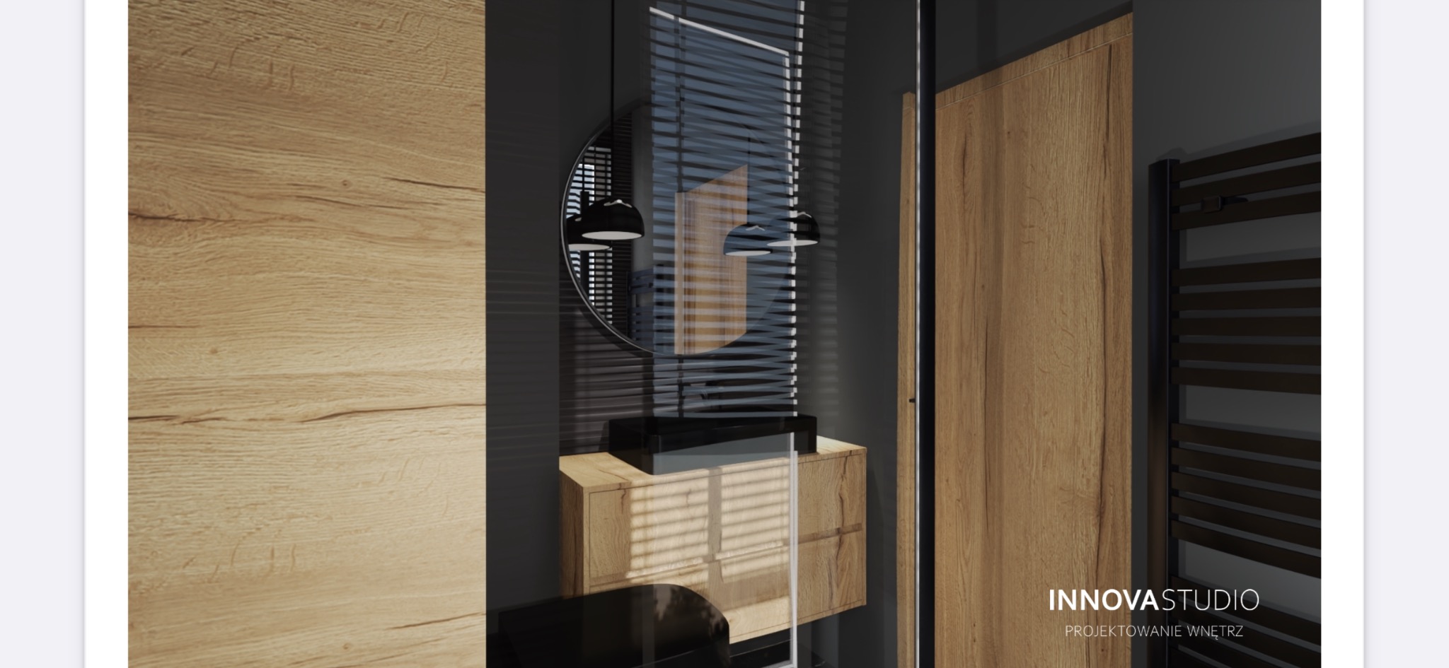 Wizualizacja łazienki z drewnianą szafką pod umywalką, okrągłym lustrem podświetlonym trzema lampami i grzejnikiem drabinkowym w kolorze czarnym.