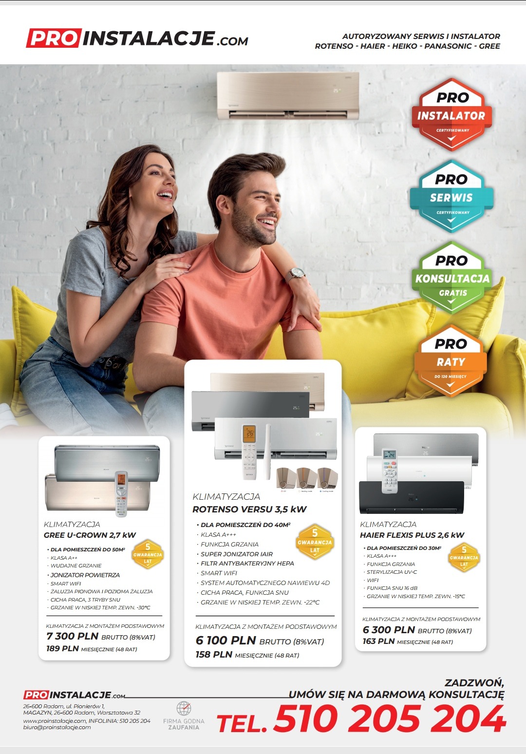 Młoda para siedzi na żółtej kanapie pod klimatyzatorem, na pierwszym planie reklama klimatyzatorów Gree, Rotenso i Haier z cenami i parametrami.