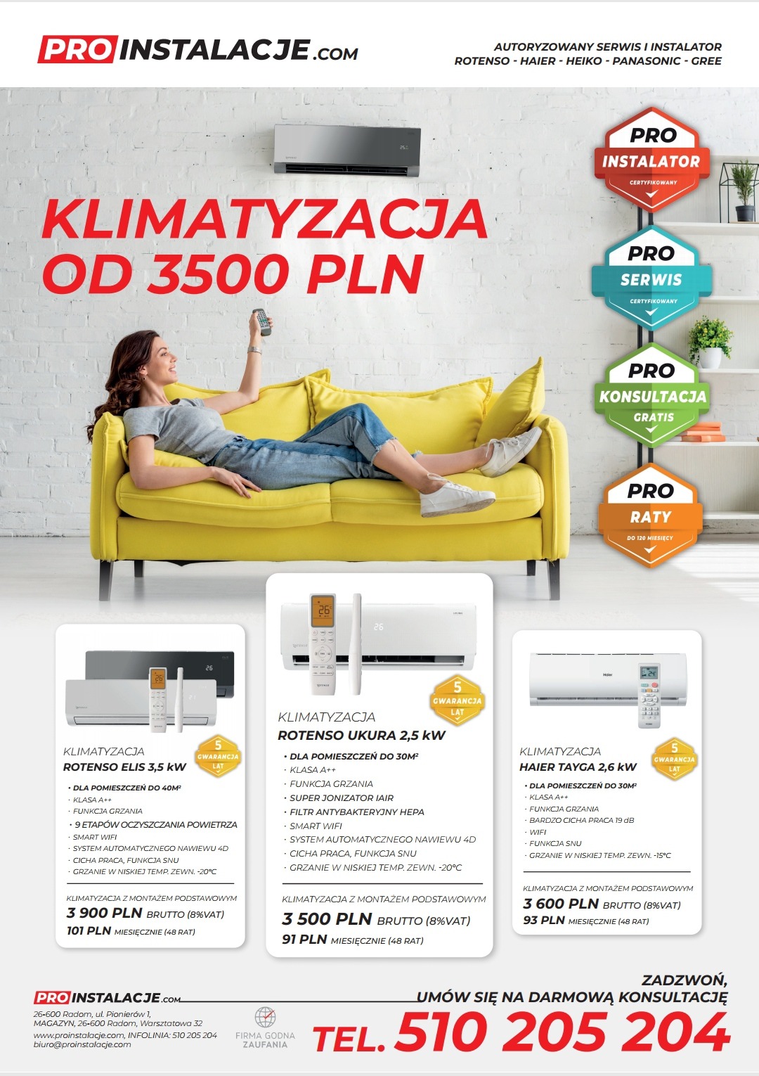 Kobieta relaksuje się na żółtej sofie, trzymając pilot klimatyzacji w dłoni, na tle ściany wisi klimatyzator; reklama z cenami i logo firmy.