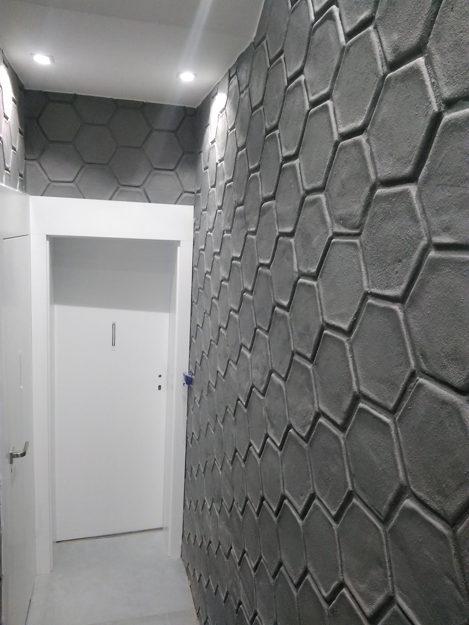 Korytarz z dekoracyjną ścianą o strukturze plastra miodu w odcieniach szarości, oświetlony punktowymi lampami sufitowymi, z białymi drzwiami po lewej stronie.