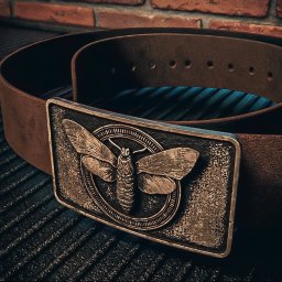 Sayna Polygons - Brązowy skórzany pasek z metalową klamrą przedstawiającą ćmę na tle ceglanej ściany. Detaliczny widok na unikalny wzór klamry i fakturę skóry.