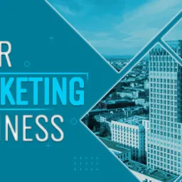 Grafika reklamowa z tekstem 'Your Marketing Business' na tle panoramy miasta z wieżowcem, utrzymana w odcieniach błękitu.