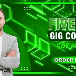 Mężczyzna w szarej marynarce na tle neonowego, zielonego baneru reklamującego usługę projektowania okładek Gig na platformie Fiverr.