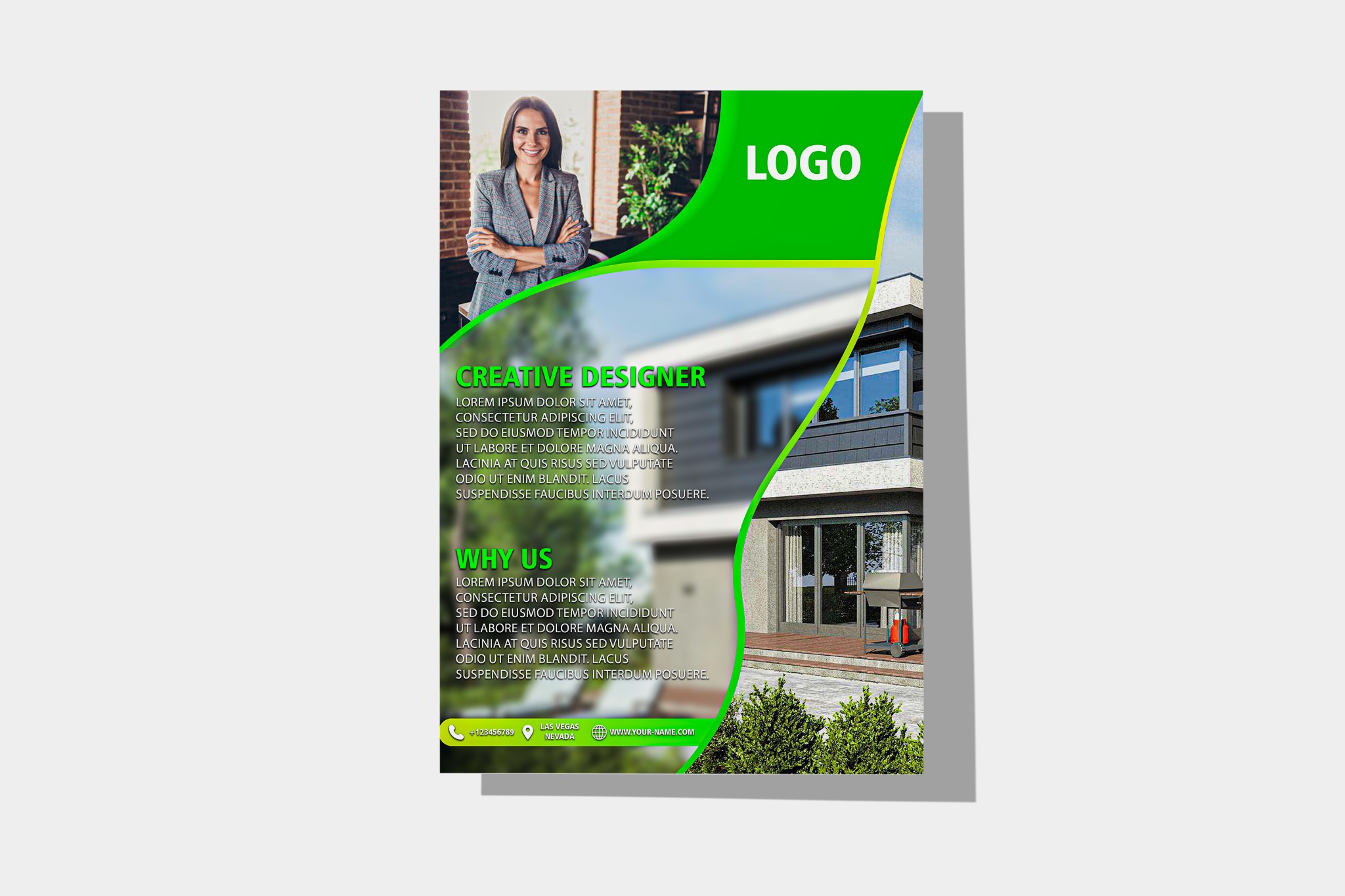Projekt ulotki reklamowej z wizerunkiem uśmiechniętej kobiety w marynarce, wizualizacją domu i zielonymi elementami graficznymi.