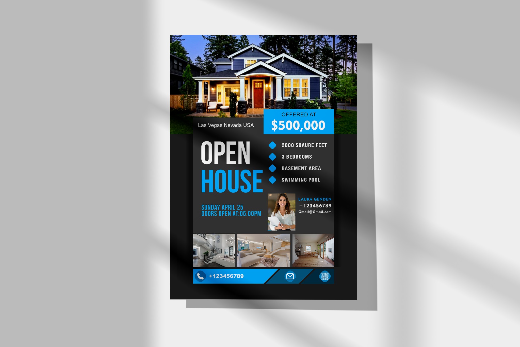 Projekt ulotki reklamującej 'Open House' w Las Vegas, Nevada. Dwupiętrowy dom z ogrodem, informacje o powierzchni, liczbie sypialni, basenie i dane kontaktowe agenta nieruchomości.