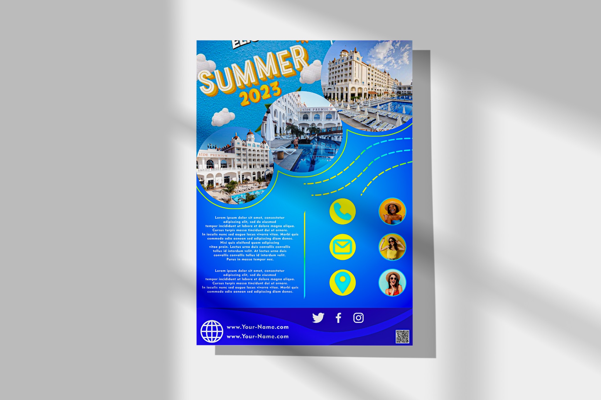 Ulotka reklamowa na lato 2023 z wizualizacjami luksusowych hoteli z basenami, ikonami kontaktu i miejscem na dane firmy.