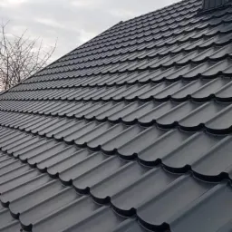 Nowy, ciemnoszary dach z blachodachówki modułowej, widok z dołu, widoczny komin i fragment nagiego drzewa na tle pochmurnego nieba.