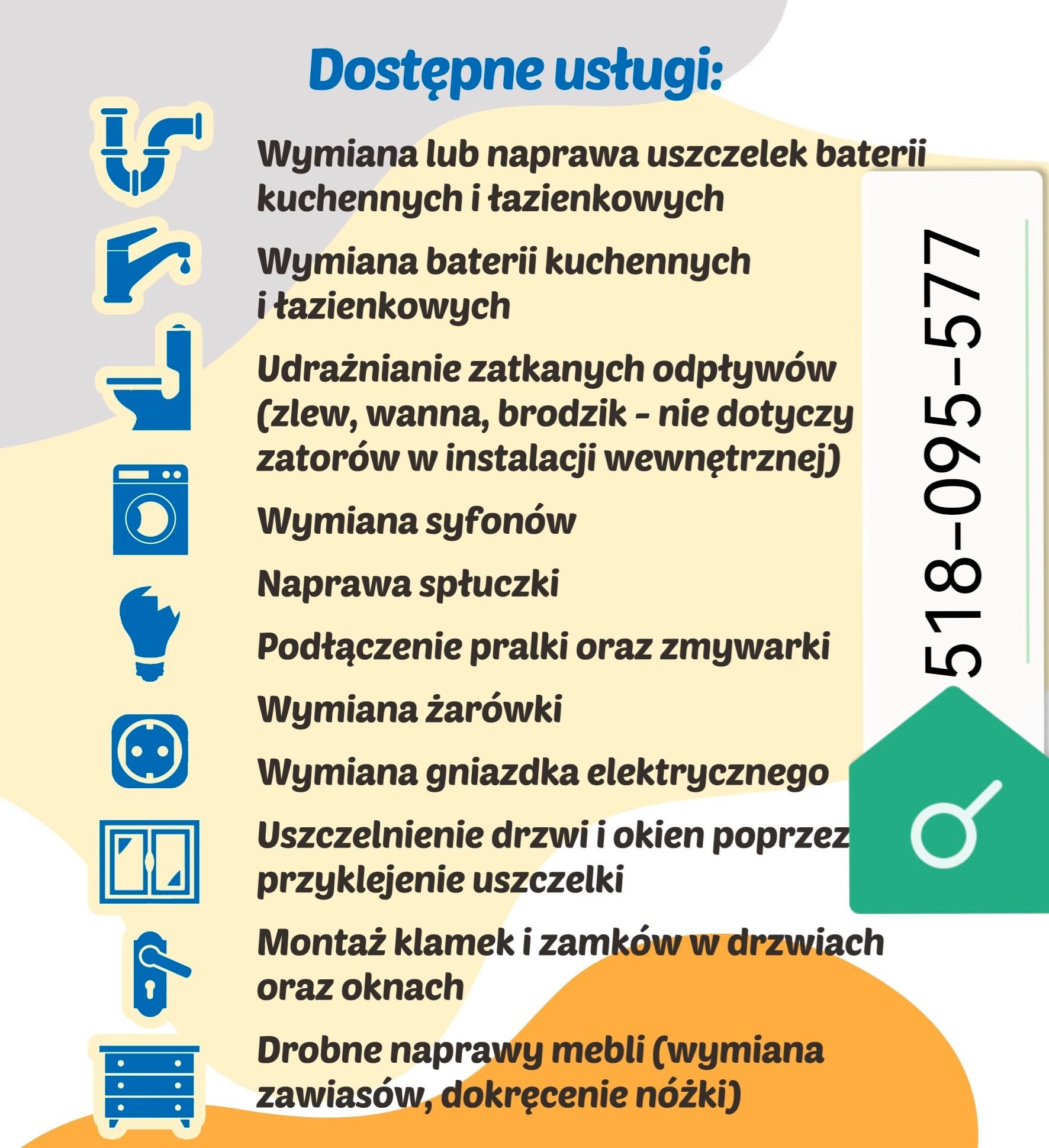Grafika informacyjna z listą dostępnych usług hydraulicznych, elektrycznych i stolarskich, obejmująca wymianę uszczelek, baterii, udrażnianie odpływów, naprawę spłuczek, podłączenie sprzętów...