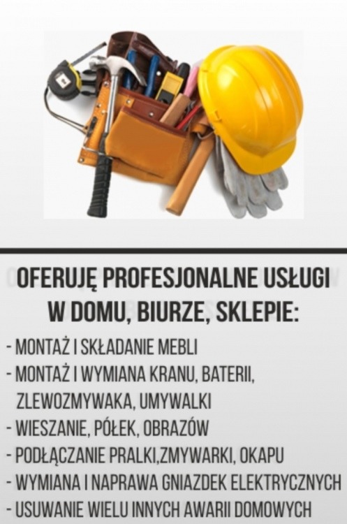 Pas z narzędziami, młotek, miara, kombinerki, żółty kask i robocze rękawice na białym tle nad listą oferowanych usług w domu, biurze i sklepie, w tym montaż mebli, wymiana kranu, podłączanie pralki...