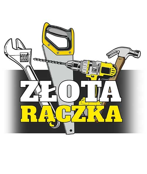 Ilustracja narzędzi: klucz nastawny, piła ręczna, wiertarka i młotek, z napisem 'Złota Rączka' na szarym tle.