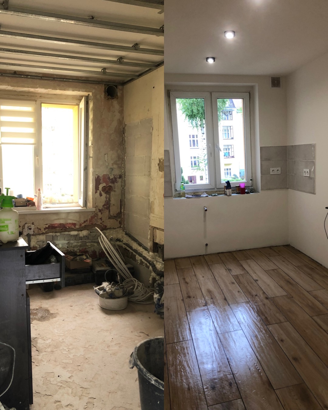 Porównanie stanu mieszkania przed i po: surowy pokój z odsłoniętą cegłą, metalową konstrukcją sufitu i zniszczoną podłogą zestawiony z wykończonym pokojem z drewnianą podłogą, gładkimi ścianami...