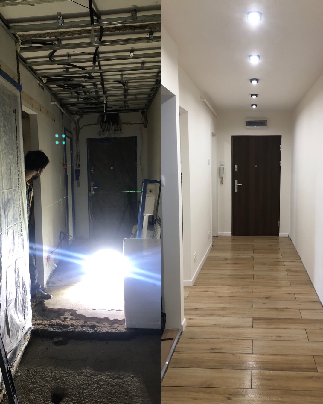 Korytarz w trakcie i po remoncie: surowy strop z instalacjami elektrycznymi po lewej, ułożone płytki imitujące drewno i oświetlenie punktowe po prawej.