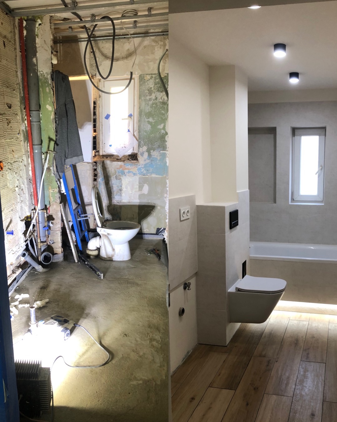 Remont łazienki: porównanie stanu przed i po, widoczne instalacje hydrauliczne i surowy stan z lewej strony oraz wykończona, nowoczesna łazienka z podwieszaną toaletą i drewnopodobną podłogą z prawej.