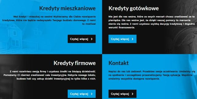 Kwadratowy kolaż z czterema sekcjami: kredyty mieszkaniowe z ilustracją domu, kredyty gotówkowe z monetą, kredyty firmowe i kontakt, wszystkie w odcieniach niebieskiego i czerni z przyciskami...