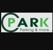 Logo firmy PARK z zielonym elementem graficznym w kształcie litery C obejmującym zielony napis PARK. Poniżej napis Parking & more... w kolorze czarnym.