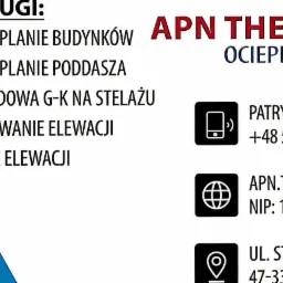 Wizytówka firmy APN THERM Ocieplenia z listą usług: docieplanie budynków, docieplanie poddasza, zabudowa G-K na stelażu, malowanie elewacji, mycie elewacji, oraz danymi kontaktowymi.
