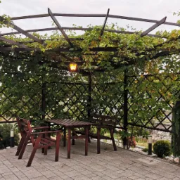 Drewniana altana z kratownicą, porośnięta pnączami, z oświetleniem, stolikiem i krzesłami na brukowanym tarasie.