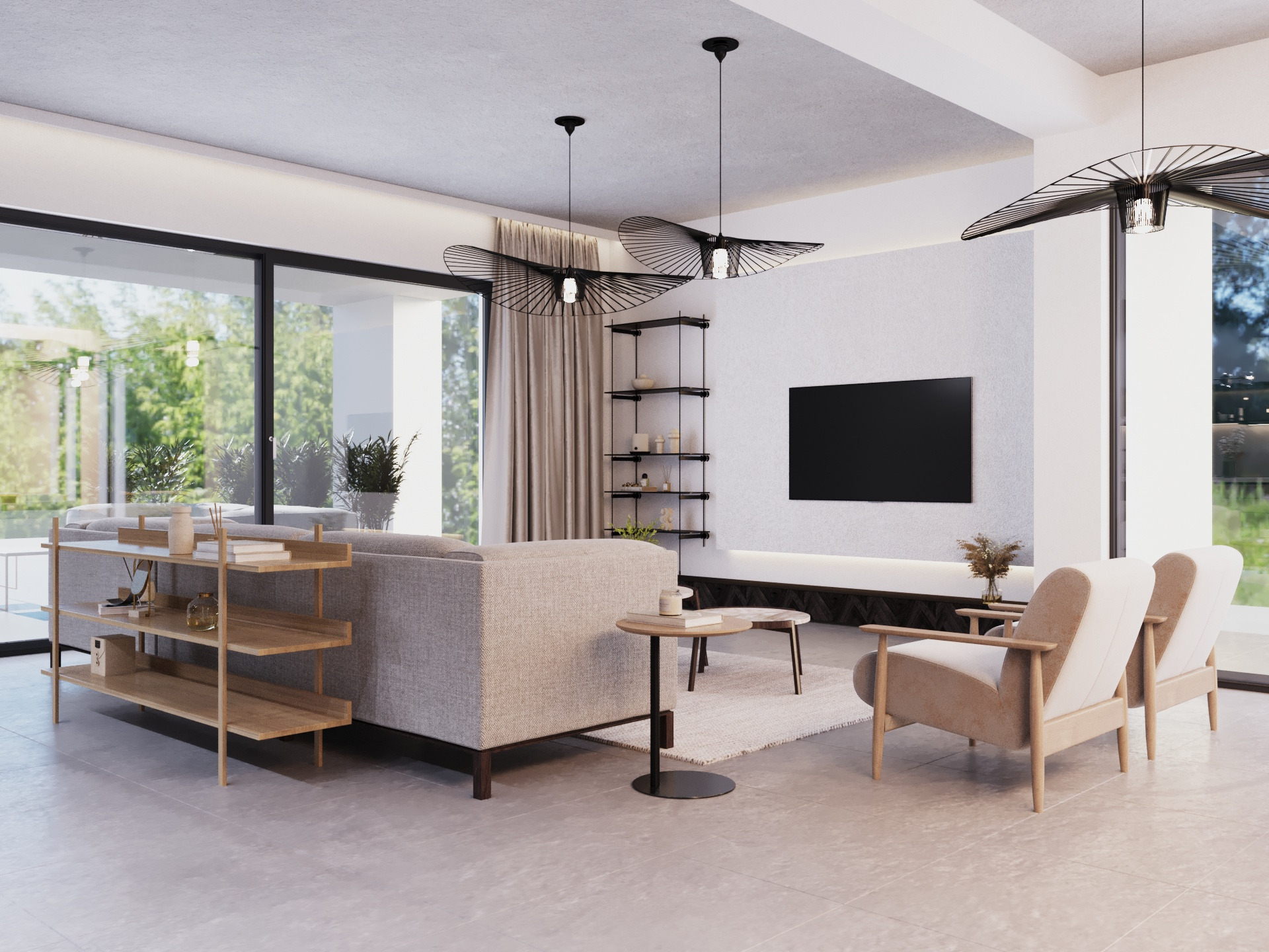 Jasny salon z szarą sofą, drewnianym regałem, dwoma fotelami i nowoczesnymi lampami wiszącymi w kształcie wachlarzy.