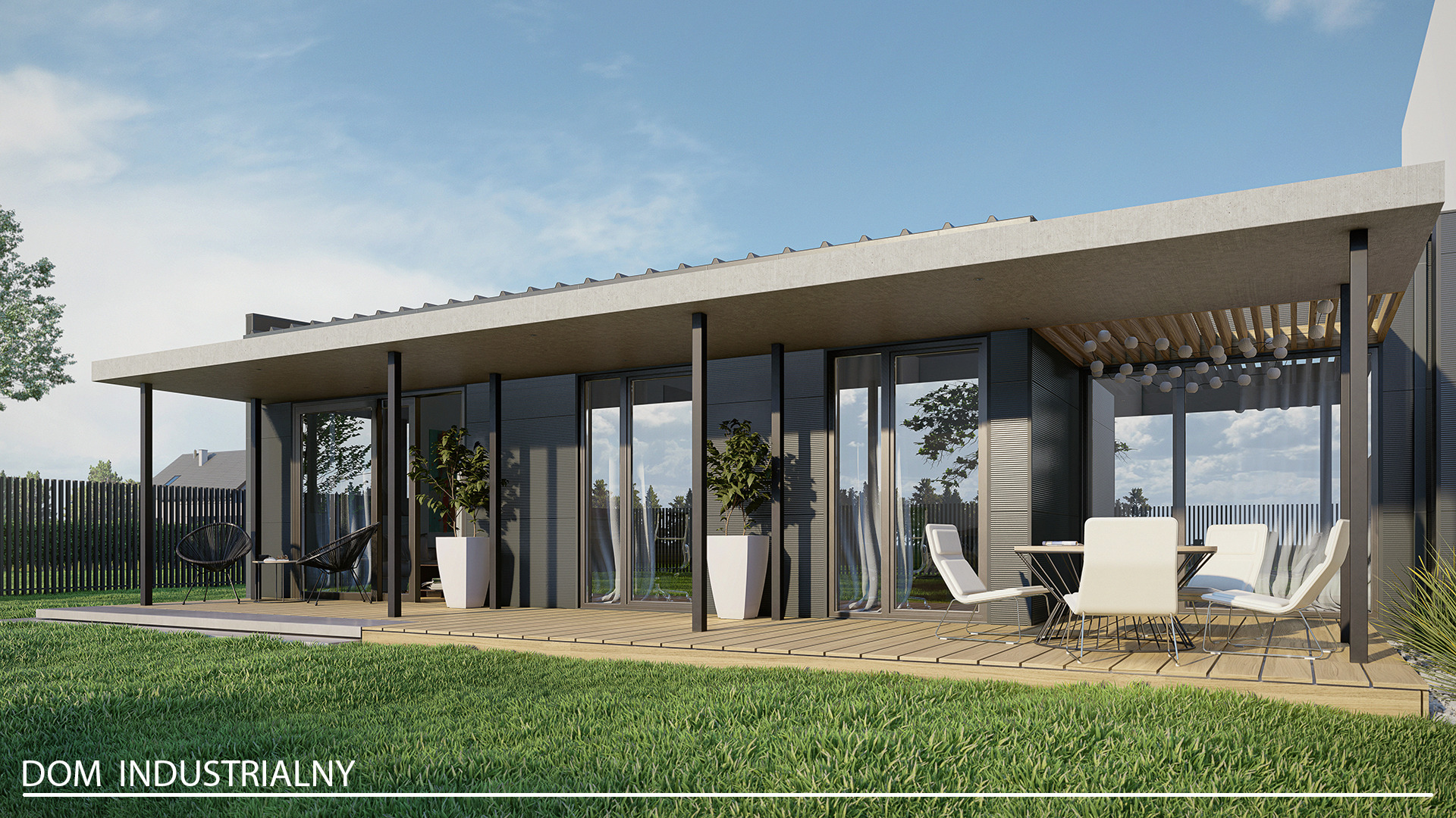 Wizualizacja domu w stylu industrialnym z płaskim dachem, dużymi oknami i drewnianym tarasem z meblami ogrodowymi.