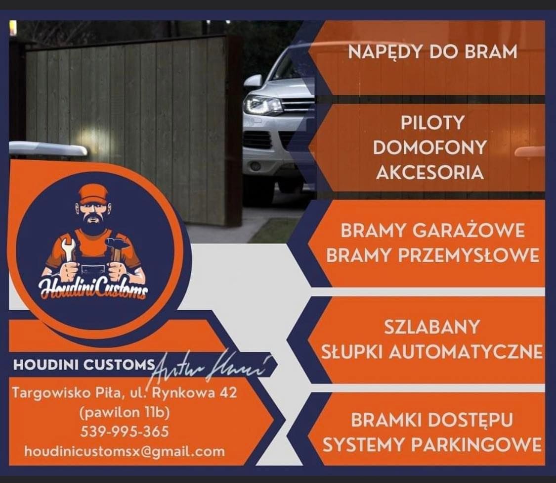 Grafika reklamowa firmy Houdini Customs, oferującej napędy do bram, piloty, domofony, akcesoria, bramy garażowe i przemysłowe, szlabany, słupki automatyczne, bramki dostępu i systemy parkingowe,...