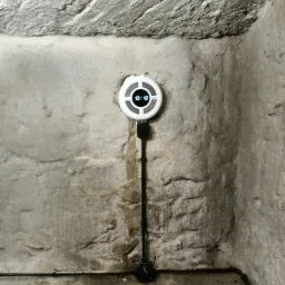 Okrągły, biały czujnik z wyświetlaczem przymocowany do szarej, nierównej ściany w piwnicy. Widoczne okablowanie i instalacja w narożniku pomieszczenia.