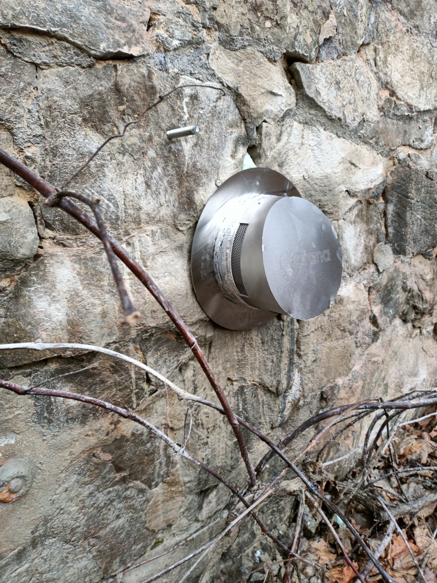 Okucie wentylacyjne ze stali nierdzewnej zamontowane na szarej, kamiennej ścianie zewnętrznej, z widocznymi suchymi gałęziami na pierwszym planie.