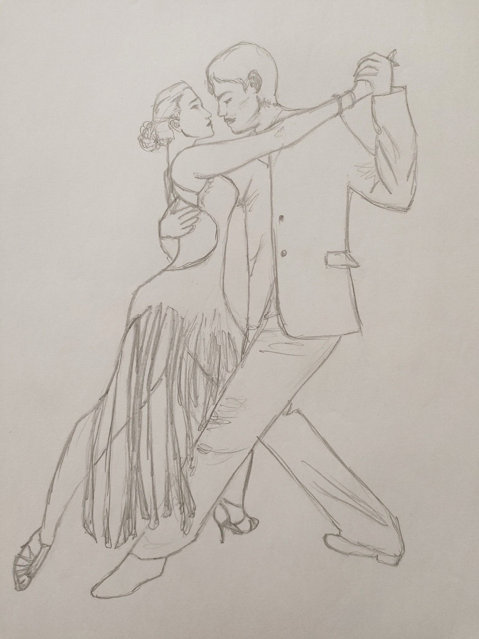 Szkic ołówkiem przedstawiający parę tańczącą tango, z widocznymi drobnymi detalami sukni tancerki i garnituru tancerza.