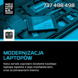 Wnętrze laptopa z zamontowanym dyskiem SSD Western Digital WD RED SA500 500GB NAS, widoczny numer telefonu serwisu i logo, informacja o modernizacji laptopów.