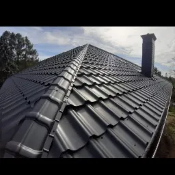 Nowy, czarny dach z blachodachówki trapezowej z kominem, widok z dołu pod kątem, w tle drzewa i błękitne niebo.