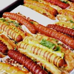 Rządki apetycznie wyglądających hot dogów z różnymi sosami, w tym musztardą, ketchupem i sosem BBQ, ułożonych na białych tackach, gotowych do podania.