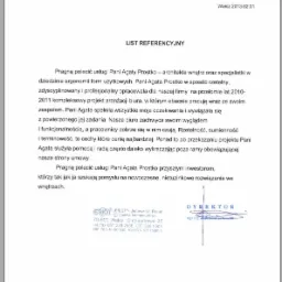 Skan listu referencyjnego dla architekta wnętrz, Pani Agaty Prostko, od firmy Esjot, z datą 2013.02.01, z pochwałami za aranżację biura i ergonomię form użytkowych.