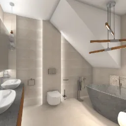 Wizualizacja łazienki w beżowych odcieniach z dwoma umywalkami na blacie z szarego kamienia, toaletą, wanną z szarego kamienia oraz designerską lampą wiszącą z drewnianymi elementami.