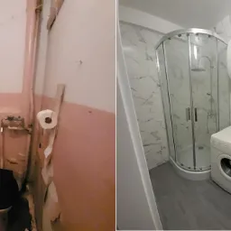 Porównanie łazienki przed i po odnowieniu: po lewej stronie stara wanna, pralka i zniszczone ściany, po prawej nowa kabina prysznicowa, toaleta, umywalka, pralka i ściany wyłożone marmurkowymi...