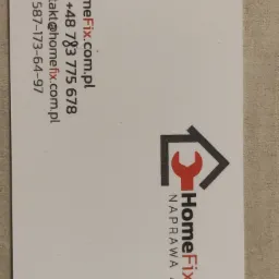 Wizytówka firmy HomeFix.com.pl z numerem telefonu, adresem e-mail, NIP-em oraz logo przedstawiającym klucz w kształcie dachu domu i napisem NAPRAWA AGD.