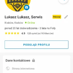 Ekran profilu serwisu Lukasz Lukasz na platformie Fixly, prezentujący logo 'Tuka Garage' w żółto-czarnej kolorystyce, ocenę 4.9, informacje kontaktowe i przycisk 'Podgląd profilu'.