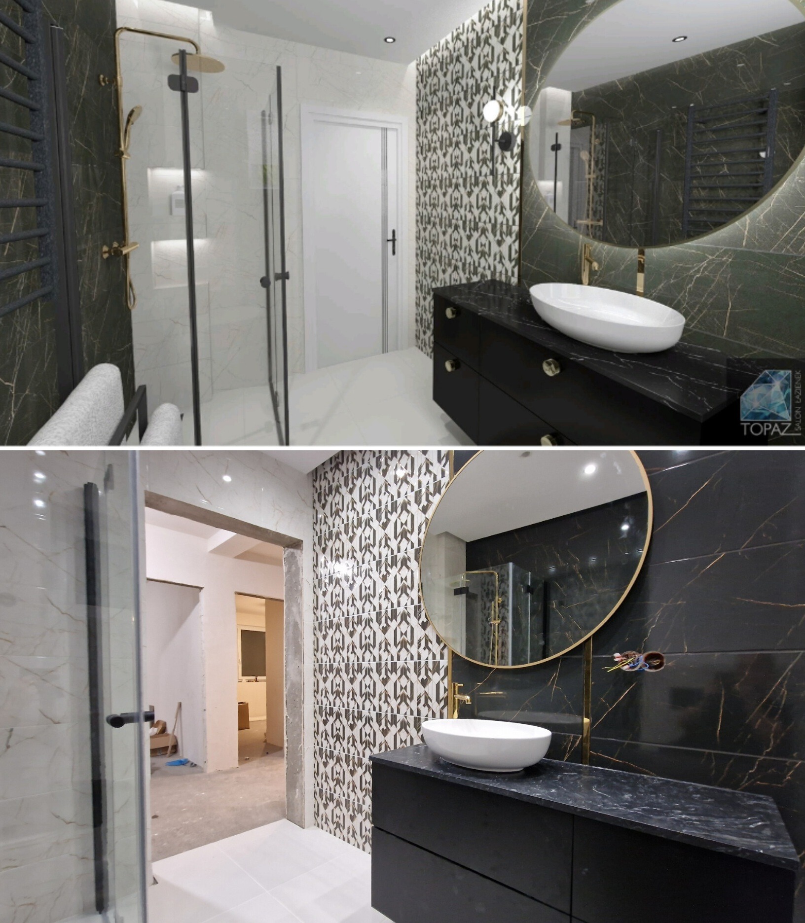 Porównanie wizualizacji 3D łazienki z czarną marmurową ścianą i wzorzystą tapetą z etapem realizacji: widoczna surowa ściana i instalacja elektryczna obok umywalki.