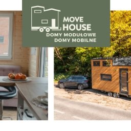 Move House Sp. Z o.o. - Kompozycja trzech domów: wnętrze z rodziną, mobilny dom na przyczepie i nowoczesny budynek z oświetleniem zewnętrznym. Prezentacja różnorodnych rozwiązań.