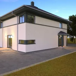 Dwukondygnacyjny dom z płaskim dachem, kremową elewacją i antracytowymi ramami okiennymi, otoczony zielenią, oświetlony popołudniowym słońcem.