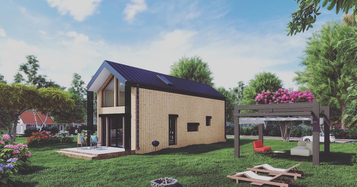 Wizualizacja domu z drewnianą elewacją, dużymi oknami i czarnym dachem, otoczonego zielonym trawnikiem i elementami architektury ogrodowej.