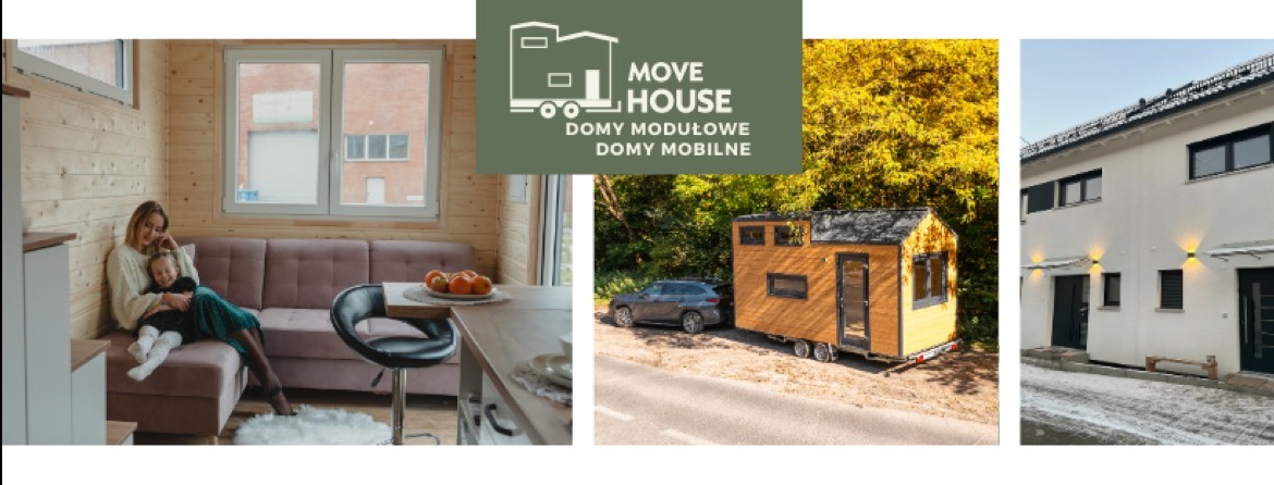 Kompozycja trzech domów: wnętrze z rodziną, mobilny dom na przyczepie i nowoczesny budynek z oświetleniem zewnętrznym. Prezentacja różnorodnych rozwiązań.