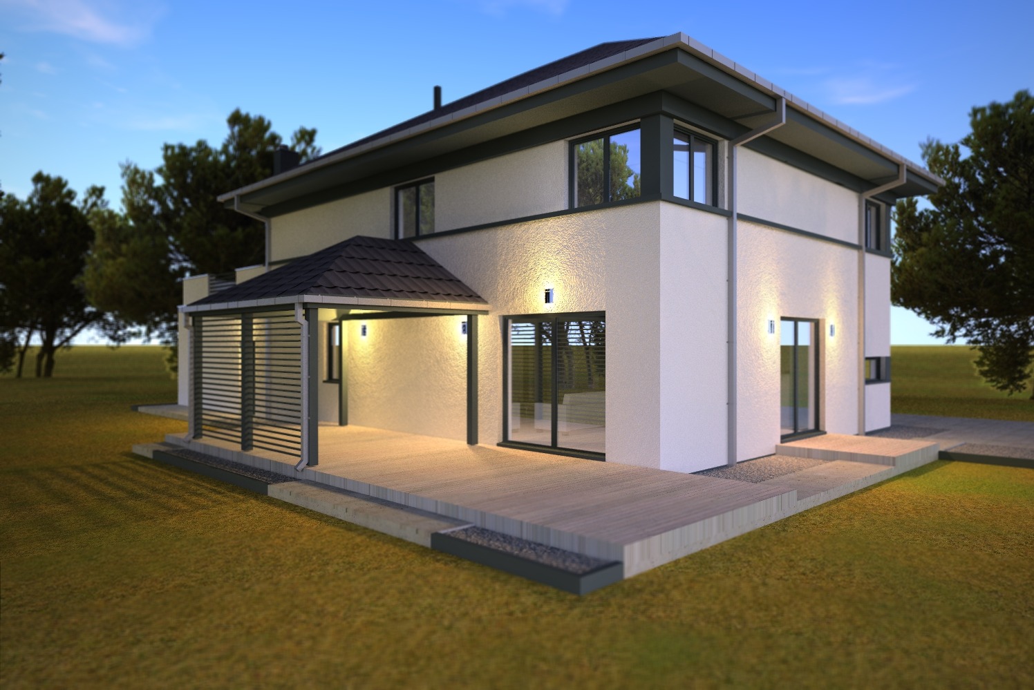 Dwukondygnacyjny dom z jasną elewacją, zadaszonym tarasem i oświetleniem zewnętrznym, otoczony zielenią, prezentowany w ciepłym świetle.