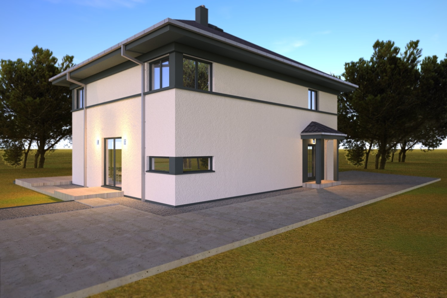 Dwukondygnacyjny dom z płaskim dachem, kremową elewacją i antracytowymi ramami okiennymi, otoczony zielenią, oświetlony popołudniowym słońcem.