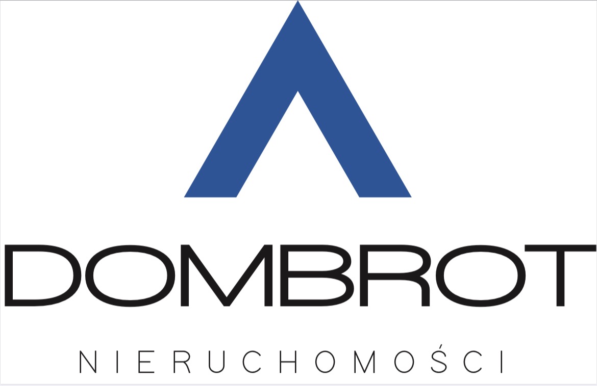 Logo firmy DOMBROT Nieruchomości z niebieskim symbolem w kształcie litery A nad nazwą.
