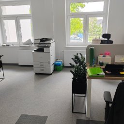 Budownictwo Komercyjne Grzegorz Bierecki - Jasne, minimalistyczne biuro z dwoma oknami, białymi ścianami i szarym dywanem w romby, z widocznym biurkiem, krzesłem, drukarką Ricoh i rośliną doniczkową w czarnej, geometrycznej donicy.