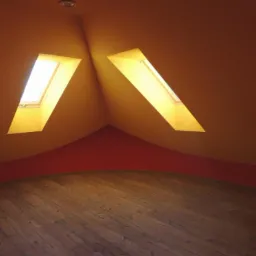 Poddasze z dwoma oknami dachowymi, pomalowane na pomarańczowo z czerwonym pasem przy podłodze, drewniana podłoga z desek, widok na surowy montaż oświetlenia.