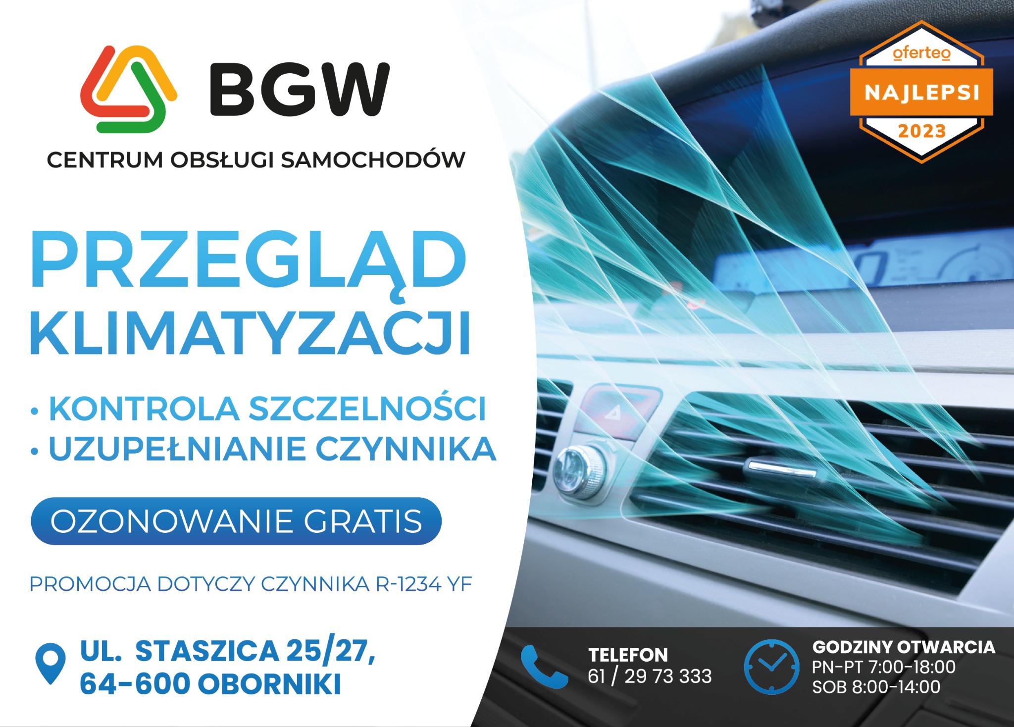 Reklama przeglądu klimatyzacji samochodowej z logo firmy BGW, adresem, telefonem i godzinami otwarcia, z efektem wizualnym chłodnego powietrza wydobywającego się z nawiewu w samochodzie...
