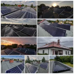 Kompozycja zdjęć instalacji fotowoltaicznych na dachach budynków o różnej architekturze, uchwyconych w różnych warunkach oświetleniowych i porach dnia.