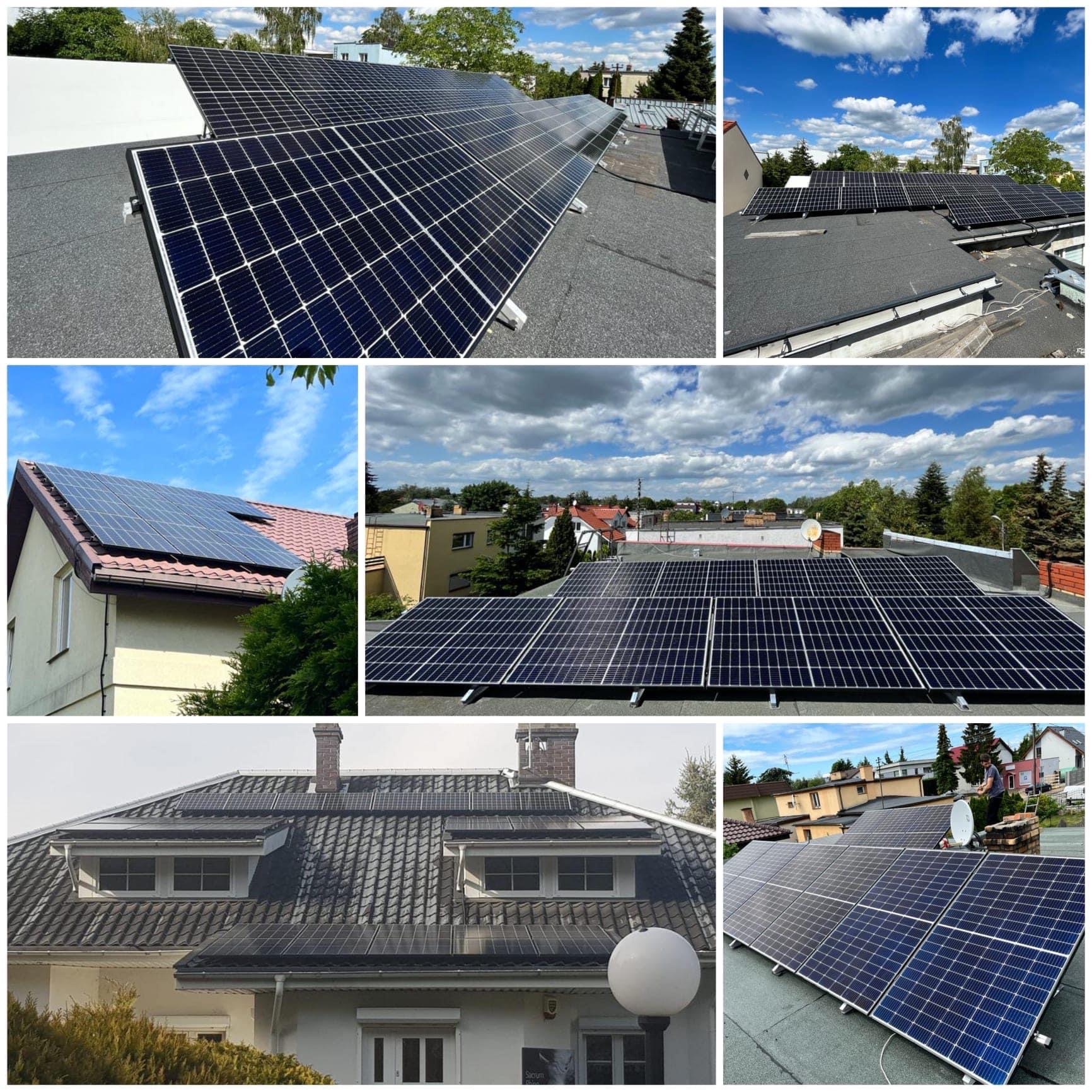 Montaż paneli słonecznych na różnych typach dachów: płaski z papy, skośny z dachówką ceramiczną i blachodachówką, widok z perspektywy miasta.