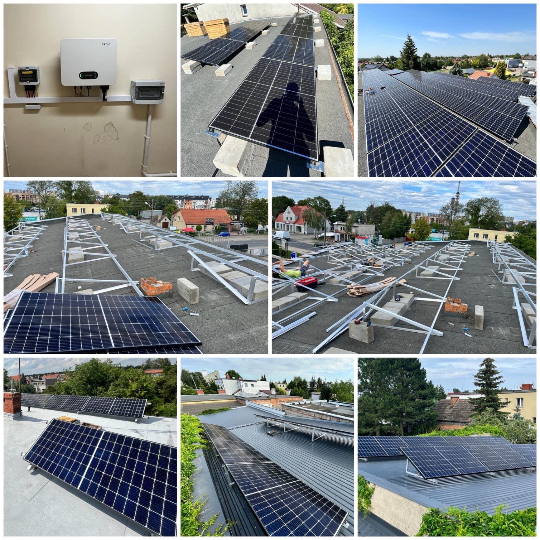 Montaż paneli na dachu płaskim z widocznymi elementami konstrukcji wsporczej i inwerterem na ścianie wewnątrz budynku.